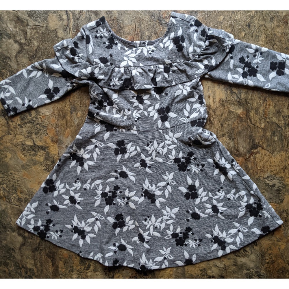 JANIE & JACK Little Girl's Black & White Floral Dress Size 4 Embroidered Ruffle